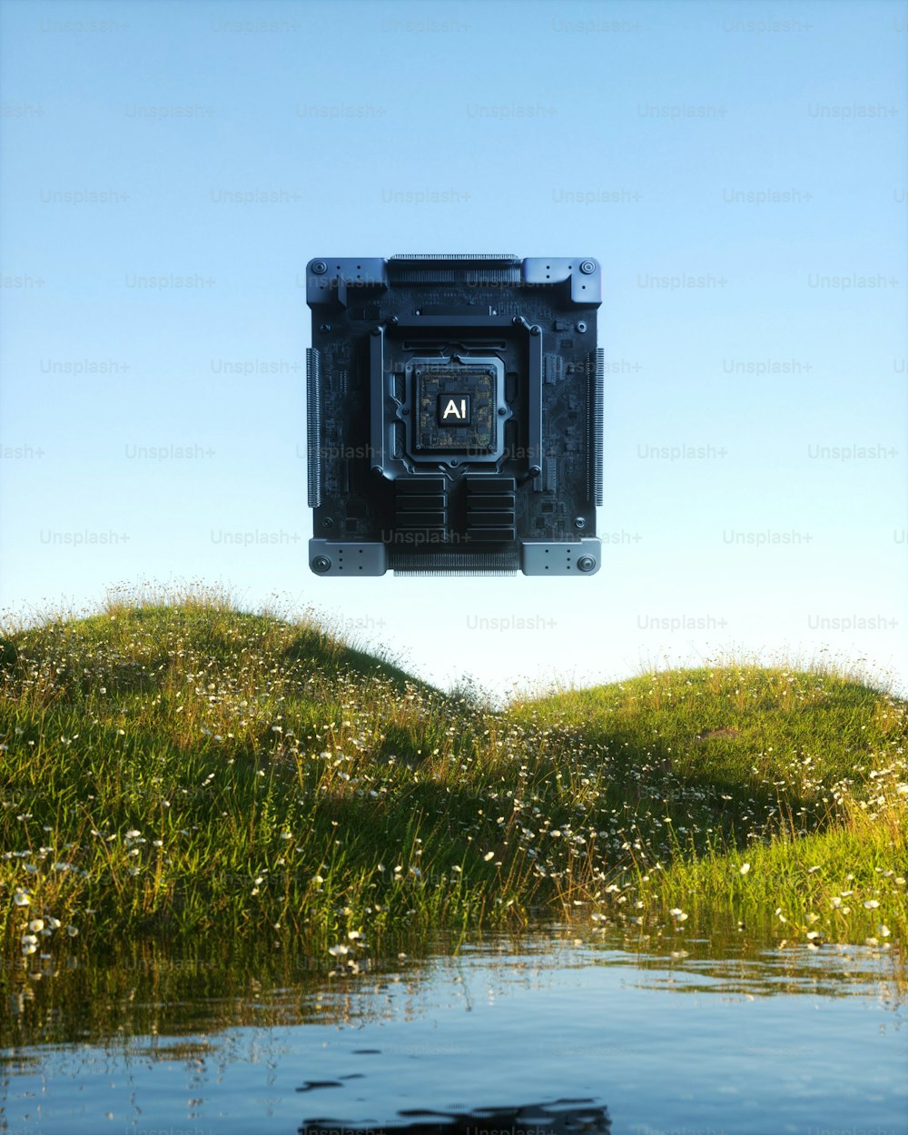 Una telecamera che fluttua nell'aria sopra uno specchio d'acqua