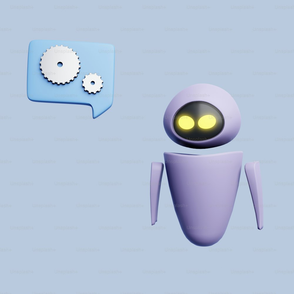 a blue and purple robot next to a speech bubble