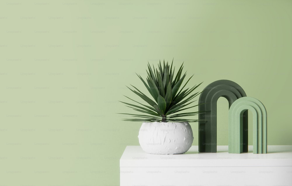 eine weiße Vase mit einer grünen Pflanze darauf