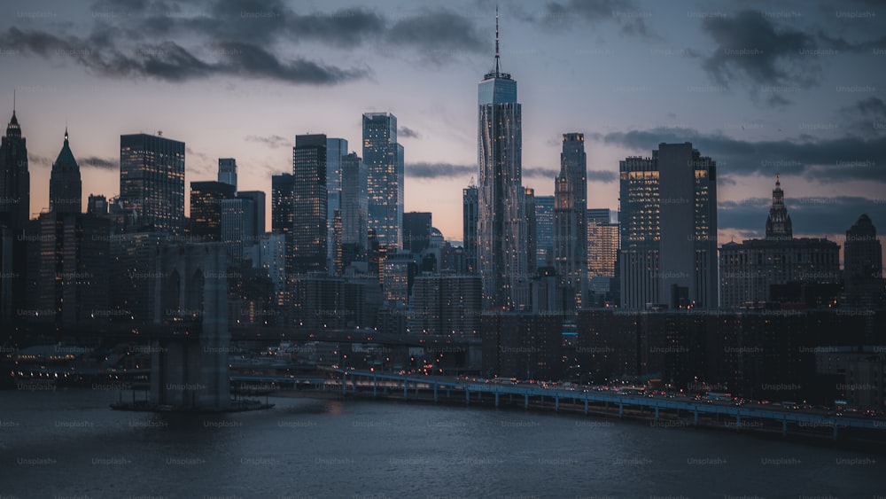 a view of a city skyline at dusk