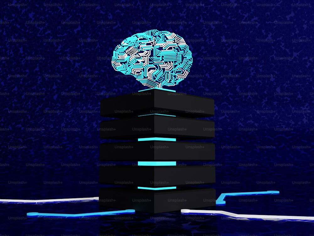 Un cervello di computer seduto in cima a un blocco nero