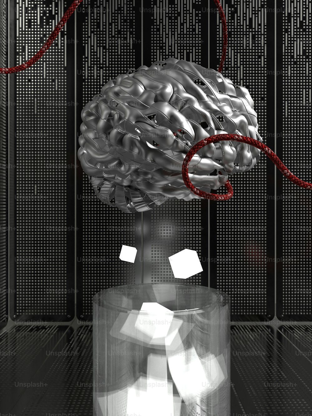a brain in a glass container with a red cord