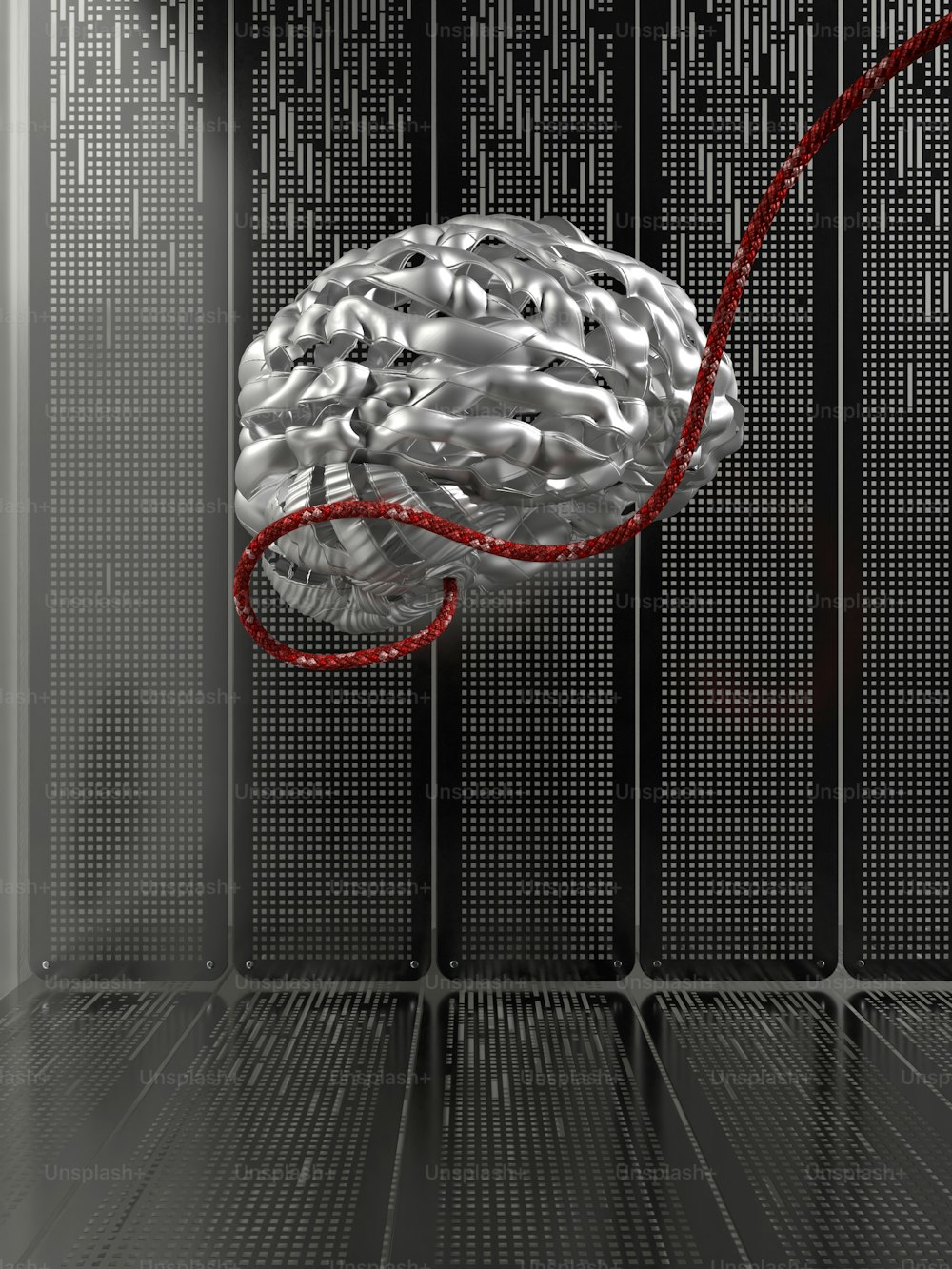 Ein Gehirn in einem Serverraum, an dem eine rote Schnur angeschlossen ist