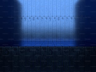 an empty room with a blue floor and a row of lockers