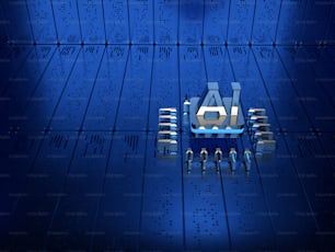 un fond bleu avec une puce informatique et un logo