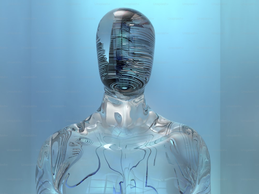 uma escultura de vidro de uma pessoa com um edifício no fundo