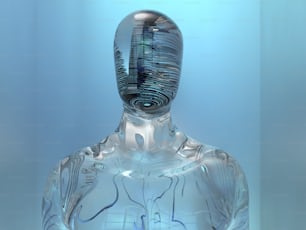 a glass sculpture of a person with a building in the background
