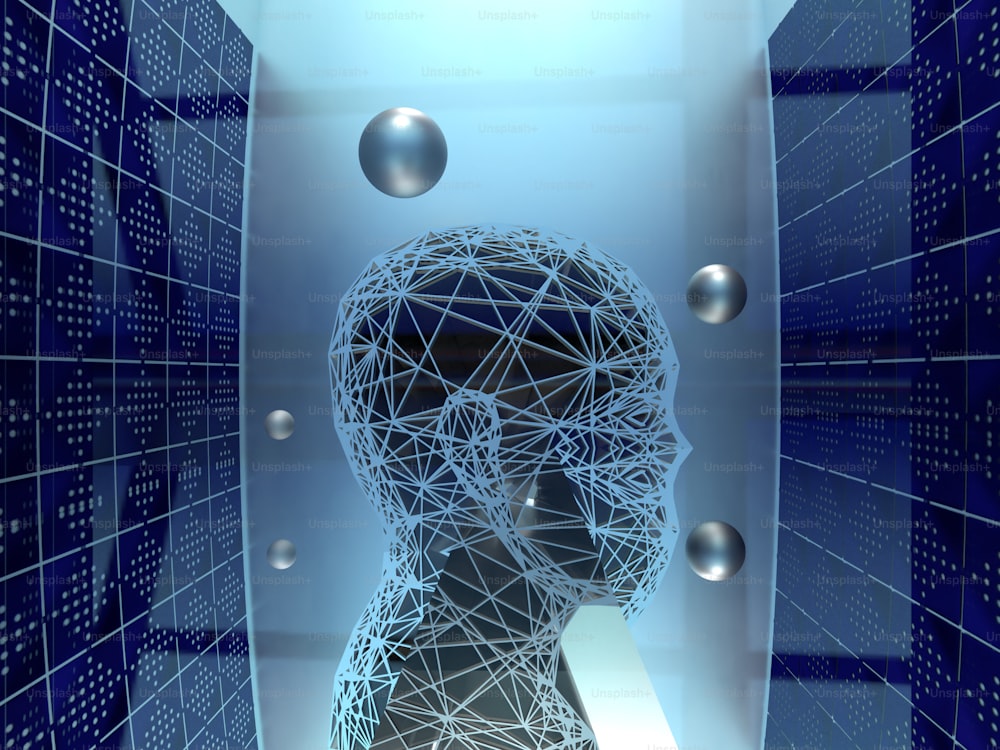 a cabeça de uma pessoa é mostrada em uma sala futurista