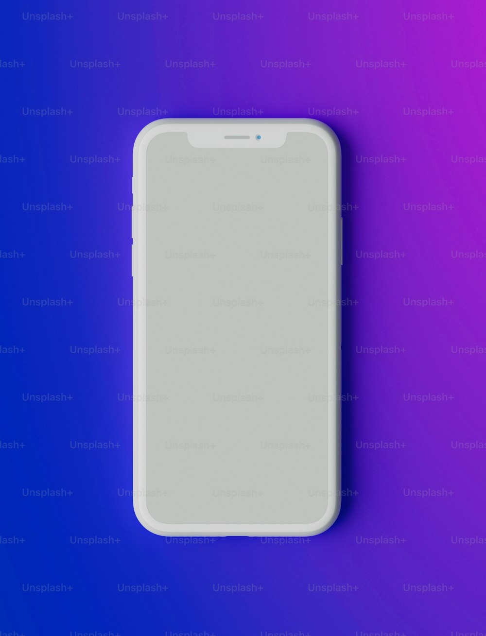 un téléphone portable blanc posé sur un fond violet et bleu
