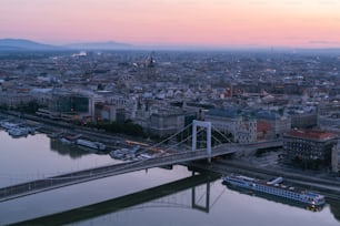 a bridge over a river with a city in the background