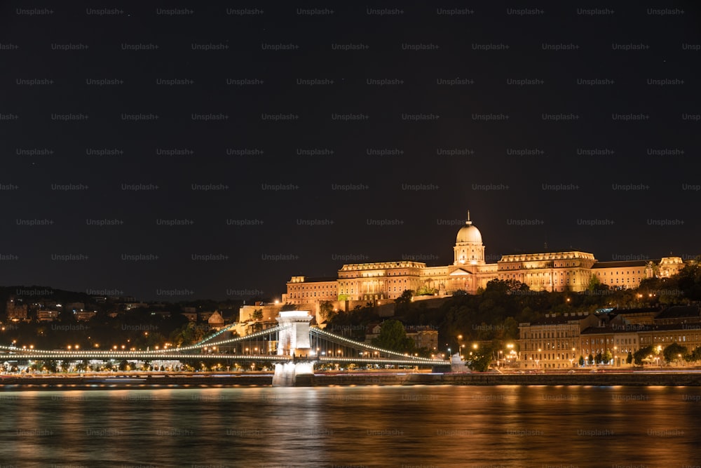 Nachtansicht einer Burg und einer Brücke