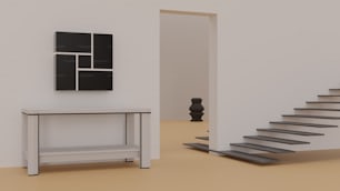 a white room with a staircase and a table
