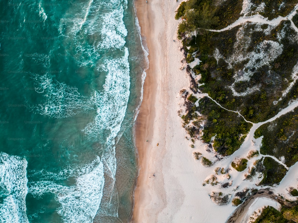 uma vista aérea de uma praia de areia ao lado do oceano