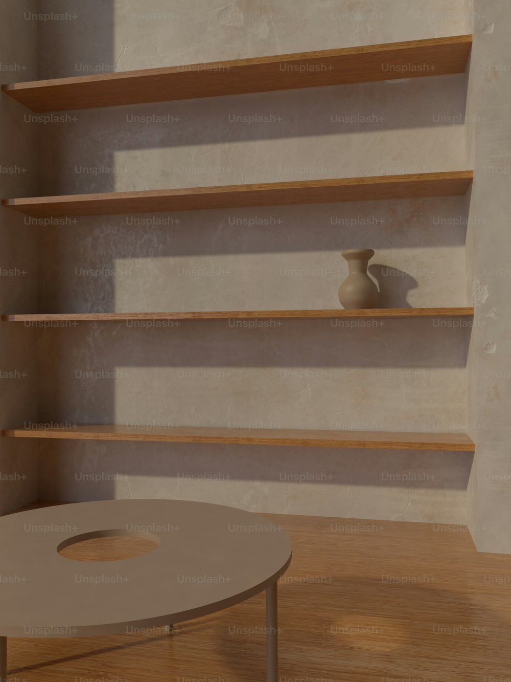 a table and shelves in a room