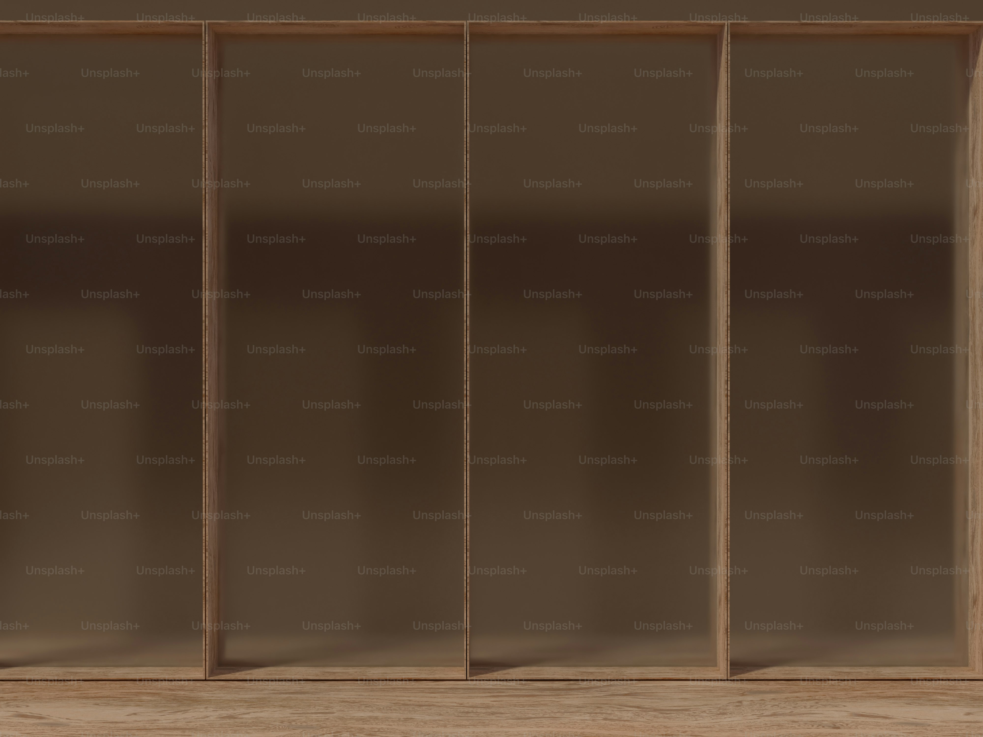 a wooden shelf with a sliding glass door