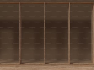 un estante de madera con una puerta corredera de vidrio
