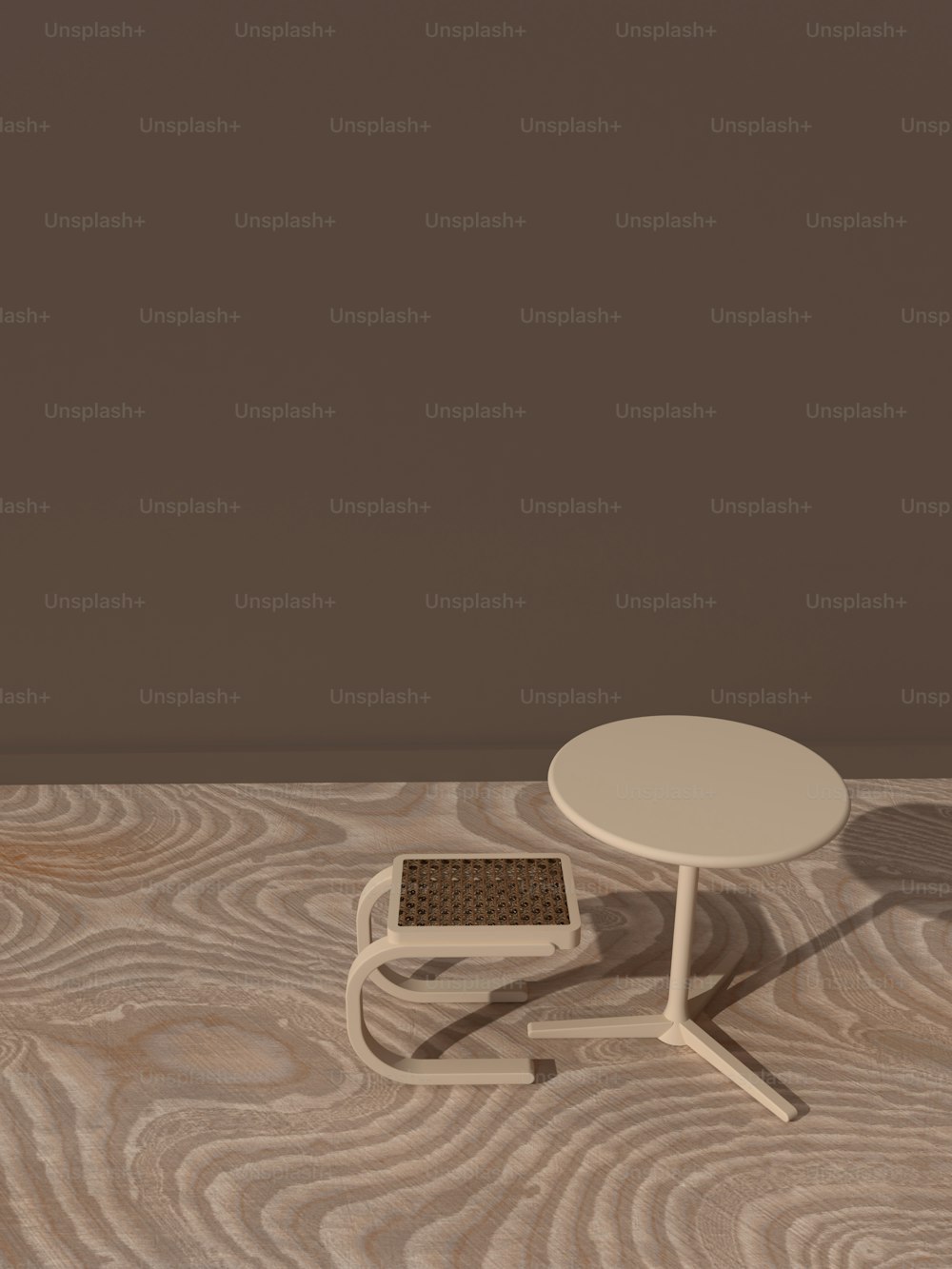 a white table and chair on a wooden floor