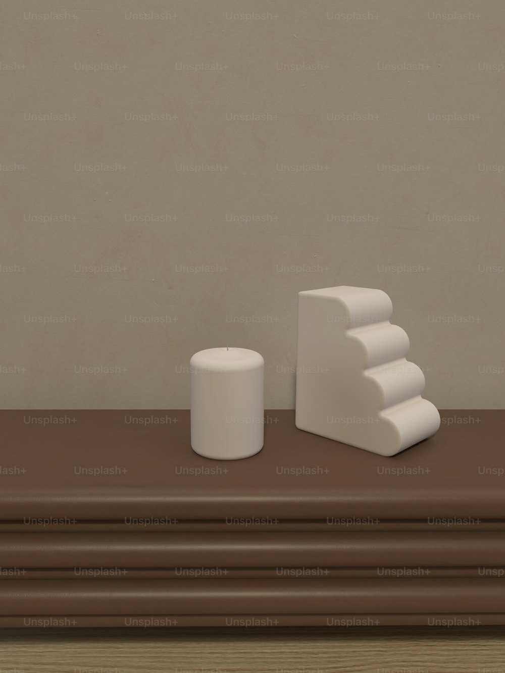 a white candle sitting on top of a wooden table