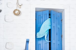 una porta blu con un panno blu appeso ad essa