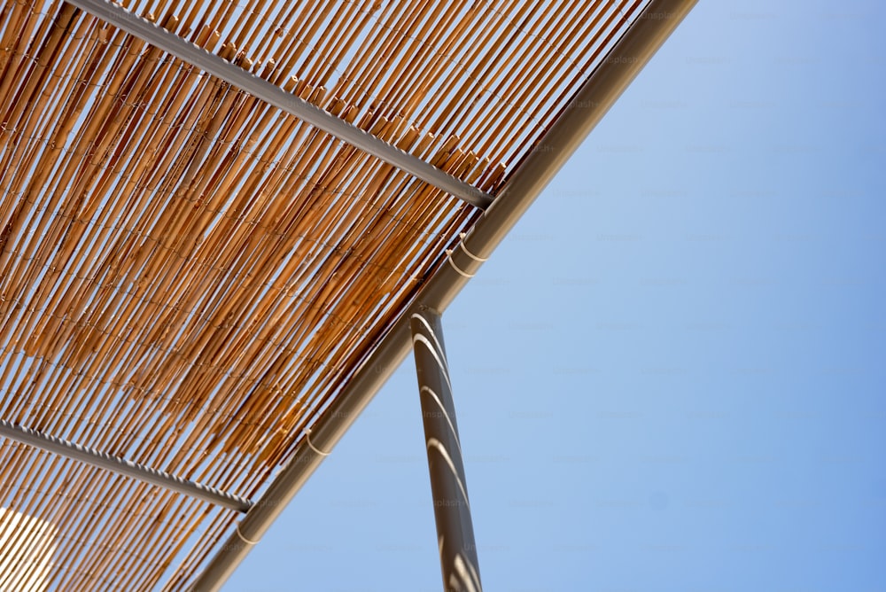 um close up de um telhado de bambu com um céu azul no fundo