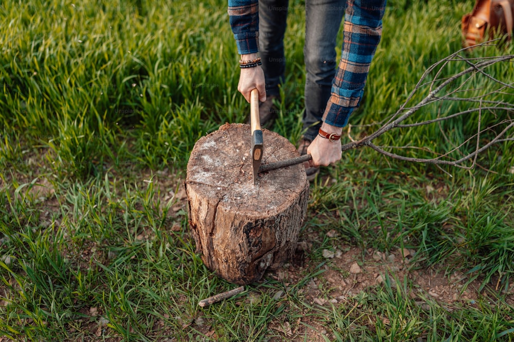 a person is holding a large axe over a tree stump