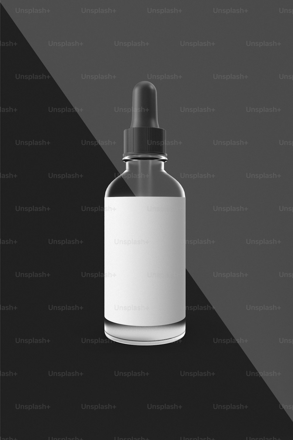 a bottle with a dropper on a black and white background