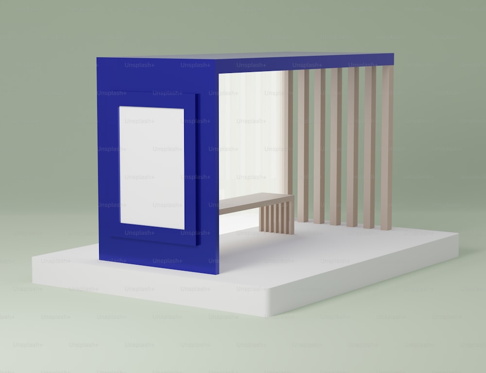 a small blue and white structure with a bench