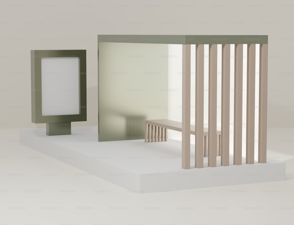 a white display with a mirror and a bench