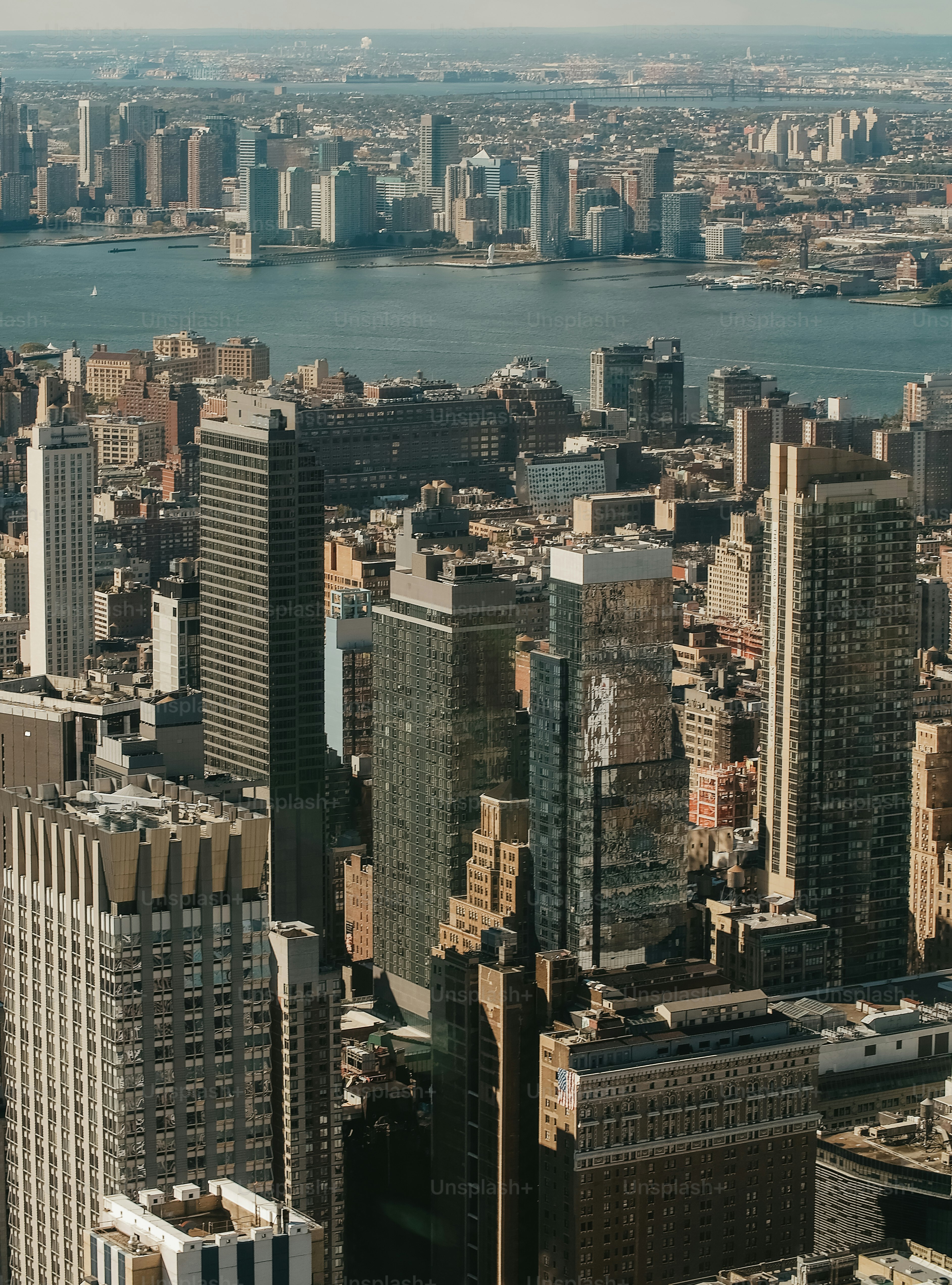 Una vista de una ciudad con edificios altos y un cuerpo de agua