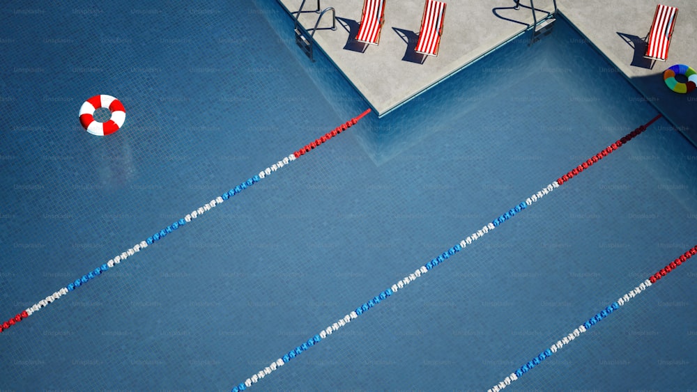 an overhead view of an indoor swimming pool