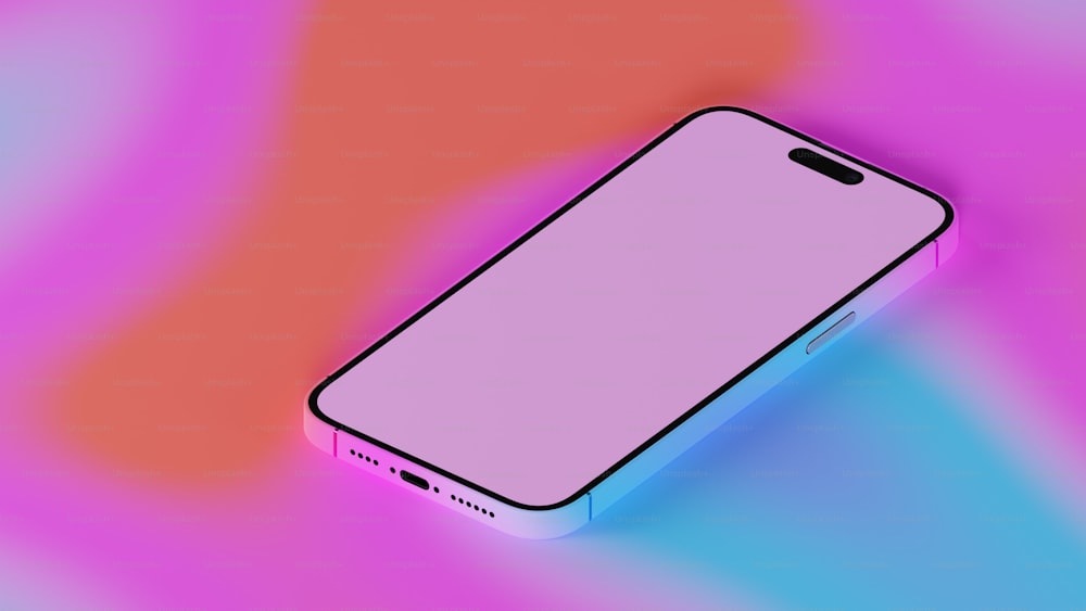 분홍색과 파란색 배경 위에 앉아 있는 흰색 휴대폰