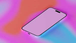 Un teléfono celular blanco sentado sobre un fondo rosa y azul