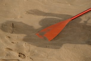 ein rotes Paddel, das auf einem Sandstrand sitzt