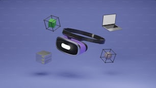 ein Virtual-Reality-Headset, umgeben von verschiedenen Objekten