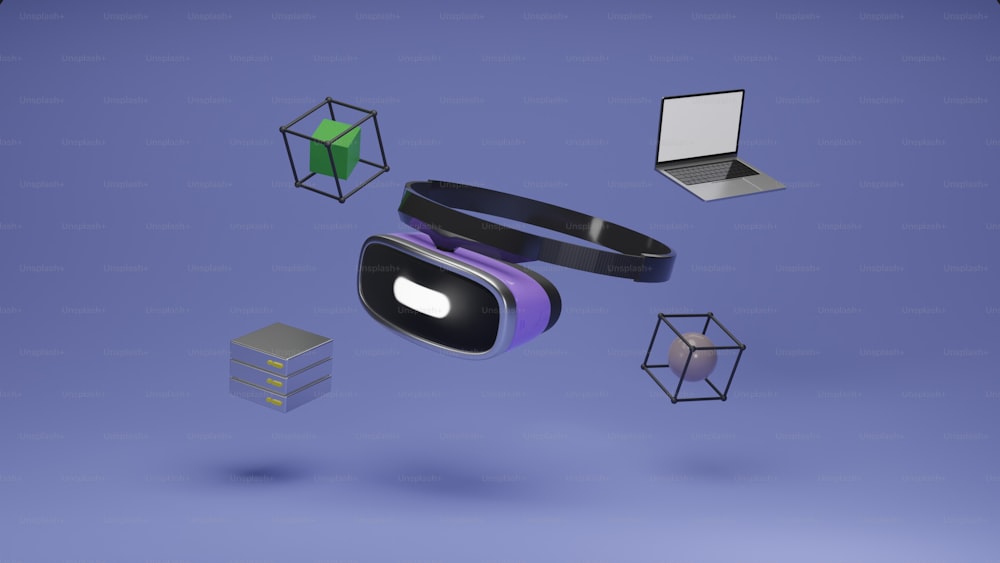 um fone de ouvido de realidade virtual cercado por vários objetos