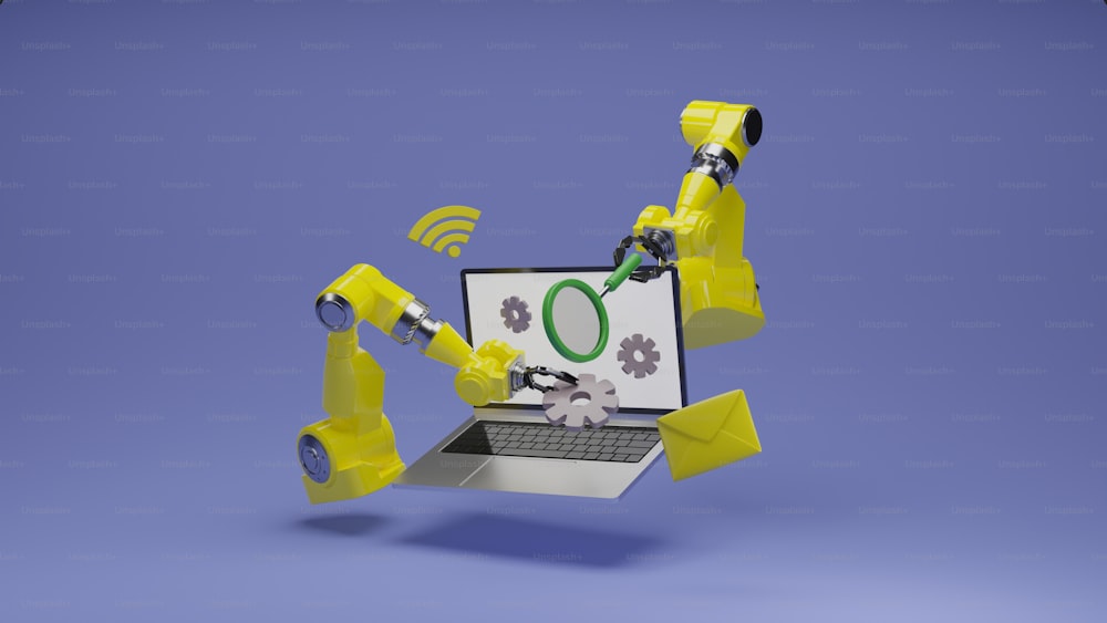 돋보기를 들고 있는 로봇이 있는 노트북 컴퓨터