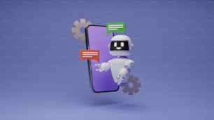 a robot holding a smart phone with a chat message coming out of it