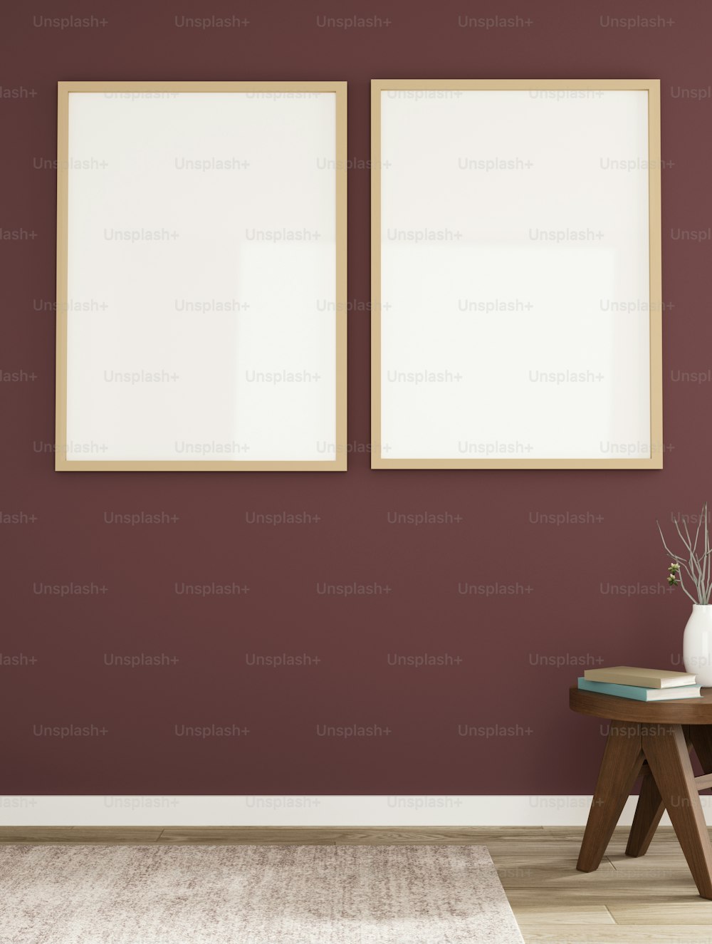 a living room with two empty frames on the wall