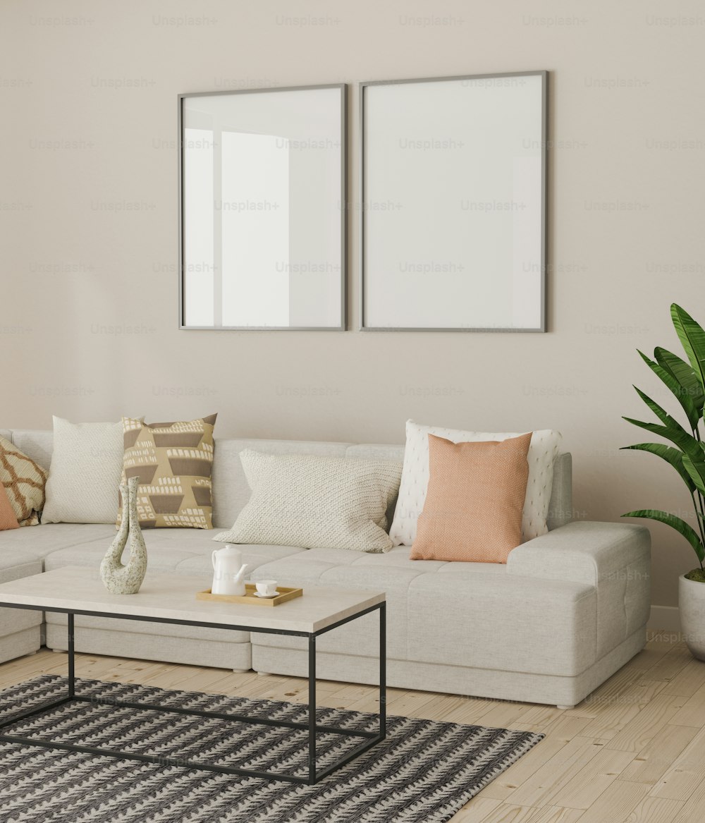 a living room with a white couch and a coffee table