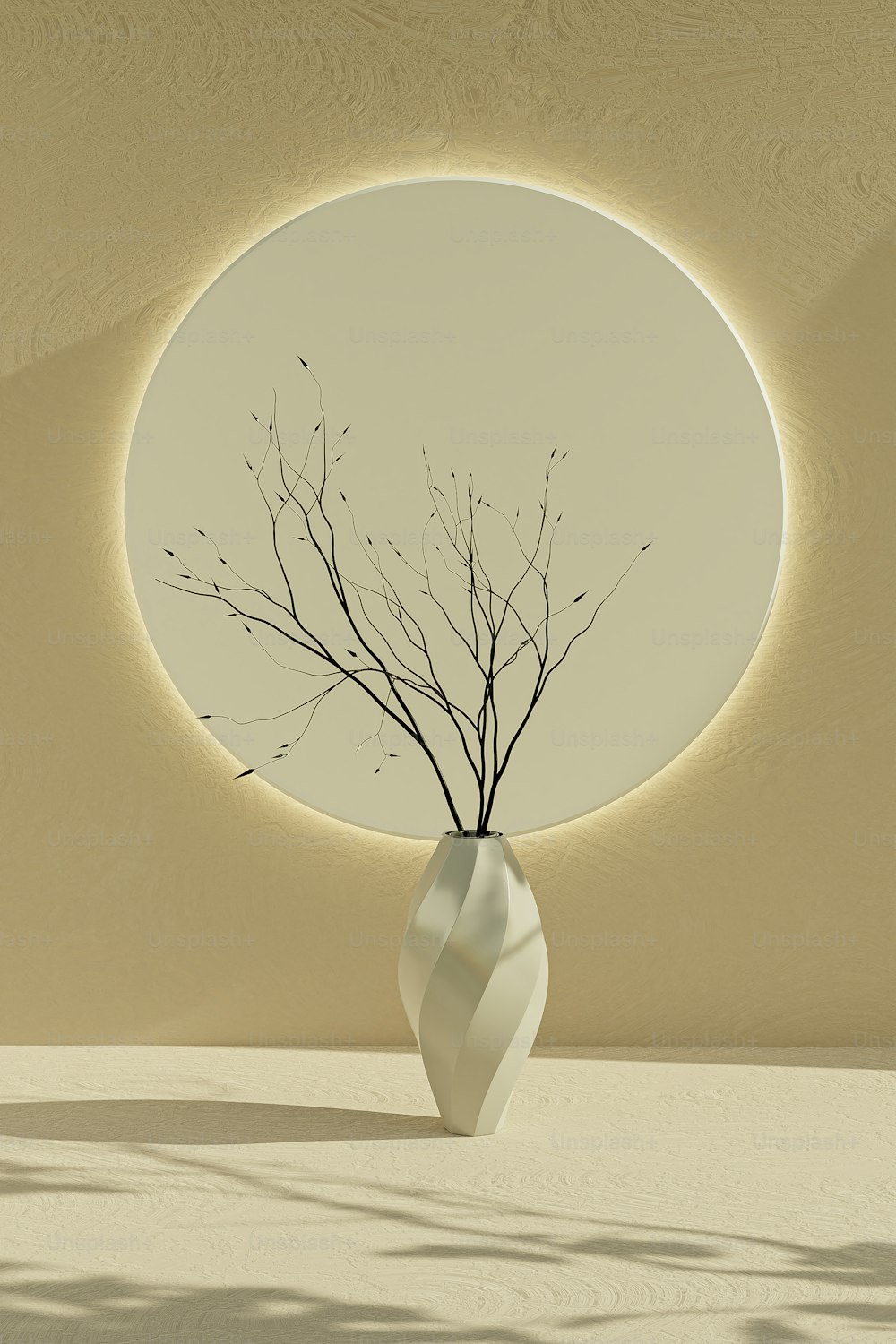 a white vase with a tree in it
