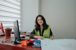 a woman sitting at a desk in front of a computer