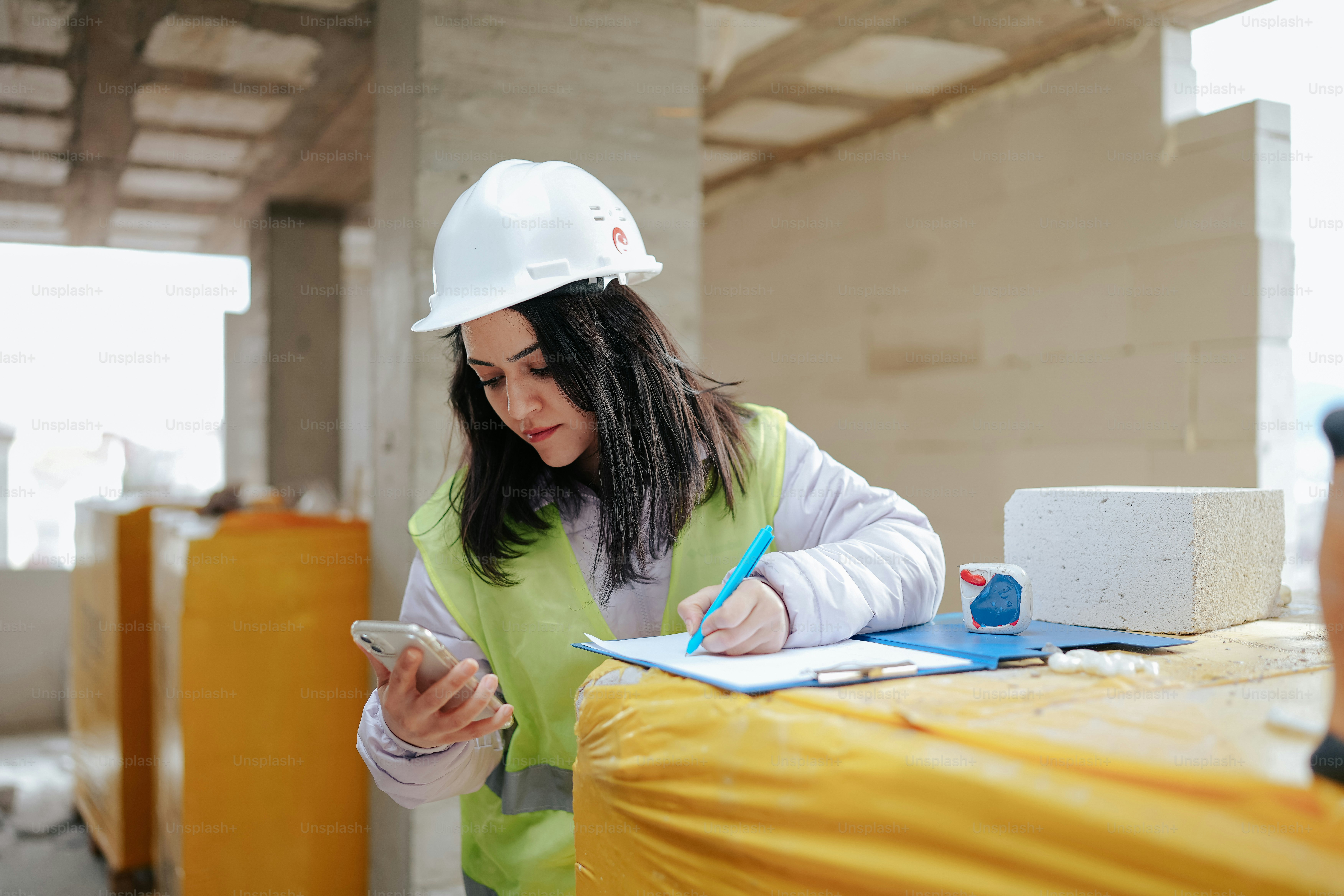 a woman in a hard hat writing on a piece of paper