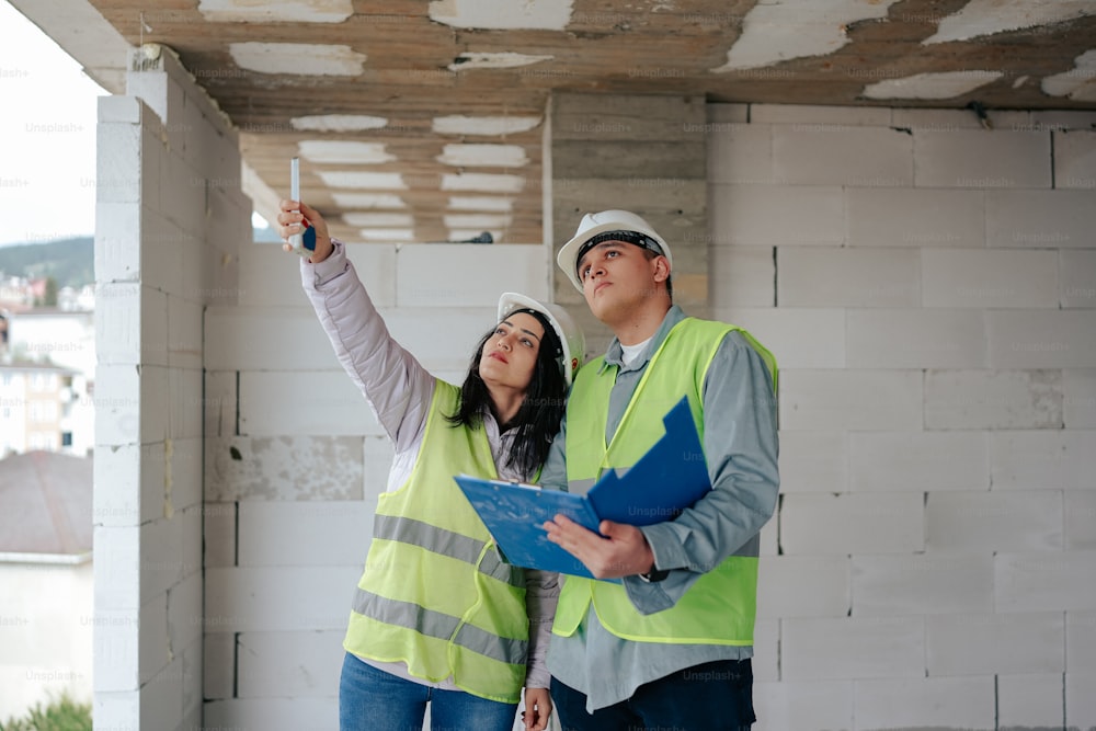 a man and a woman standing in front of a building under construction