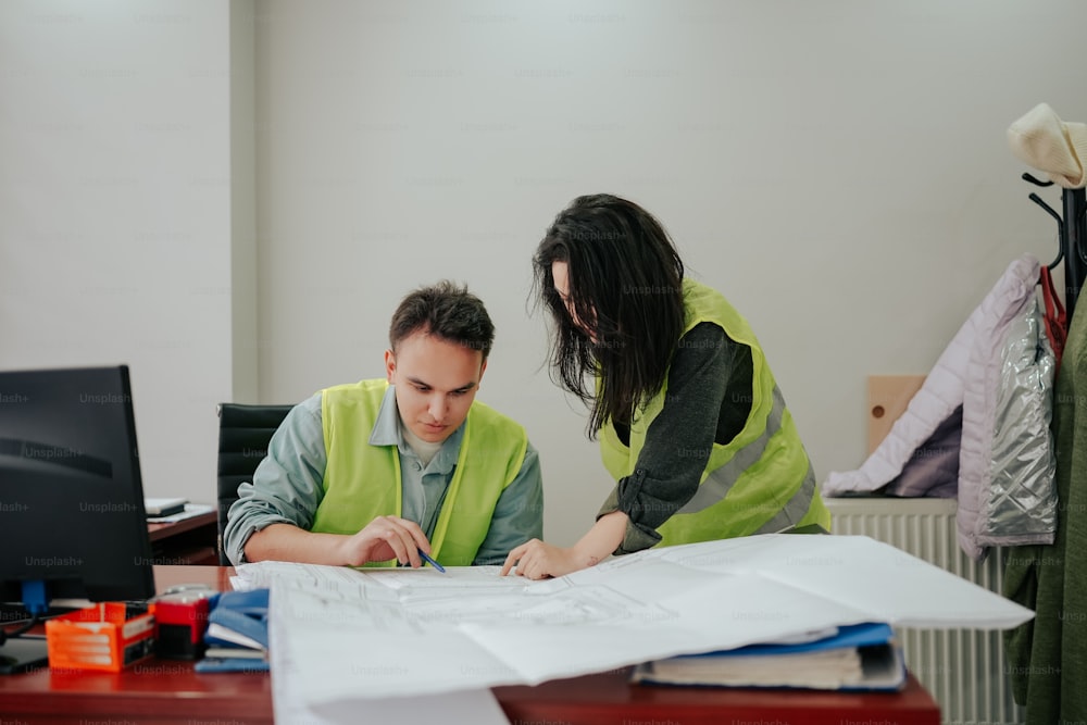 a man and a woman sitting at a desk working on a project