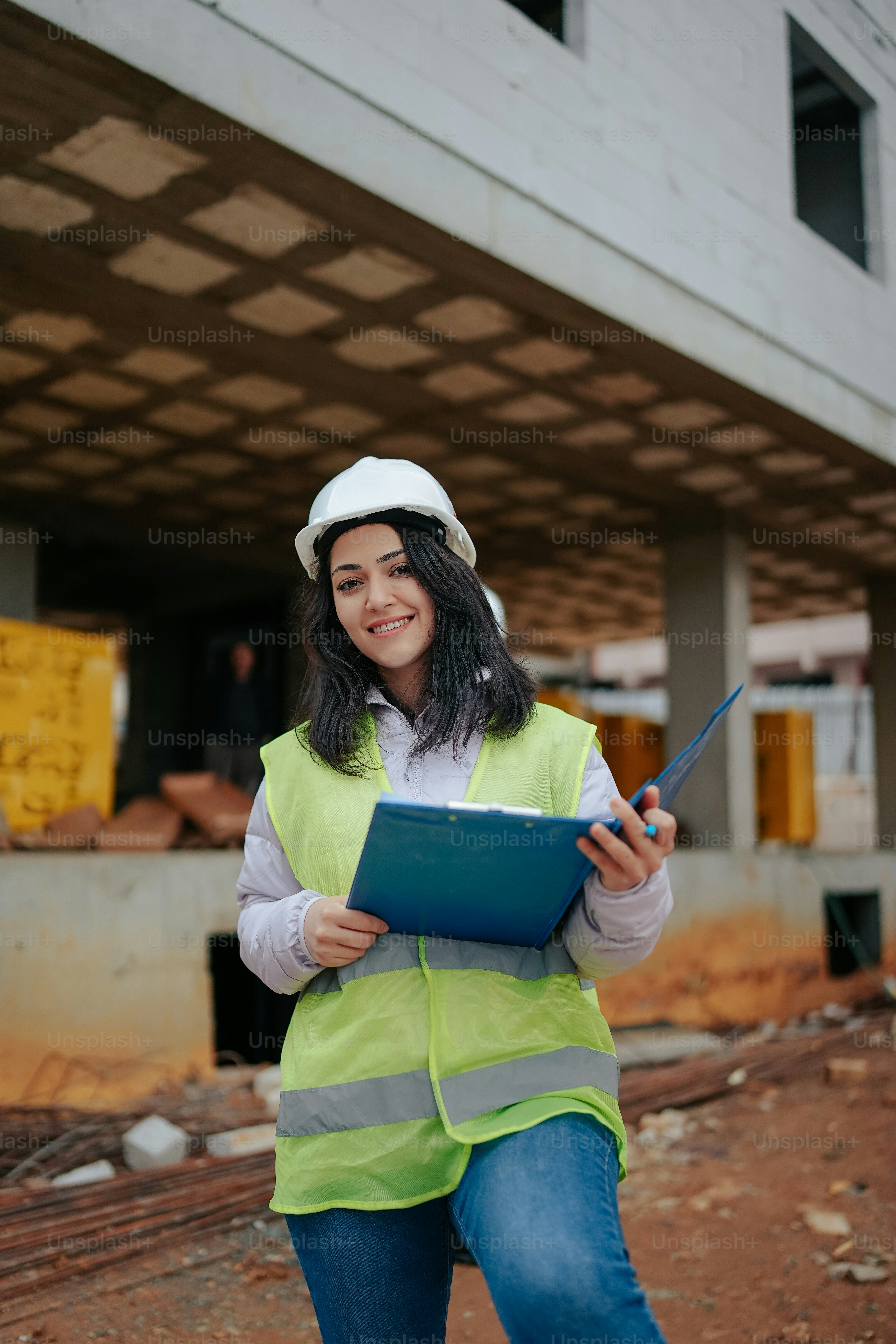 a woman in a safety vest holding a clipboard