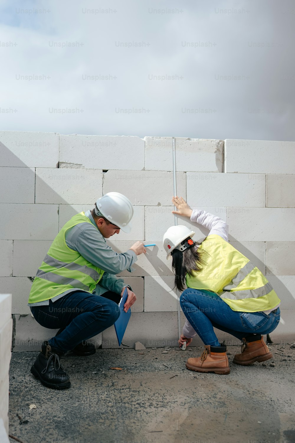 a couple of people that are fixing a wall