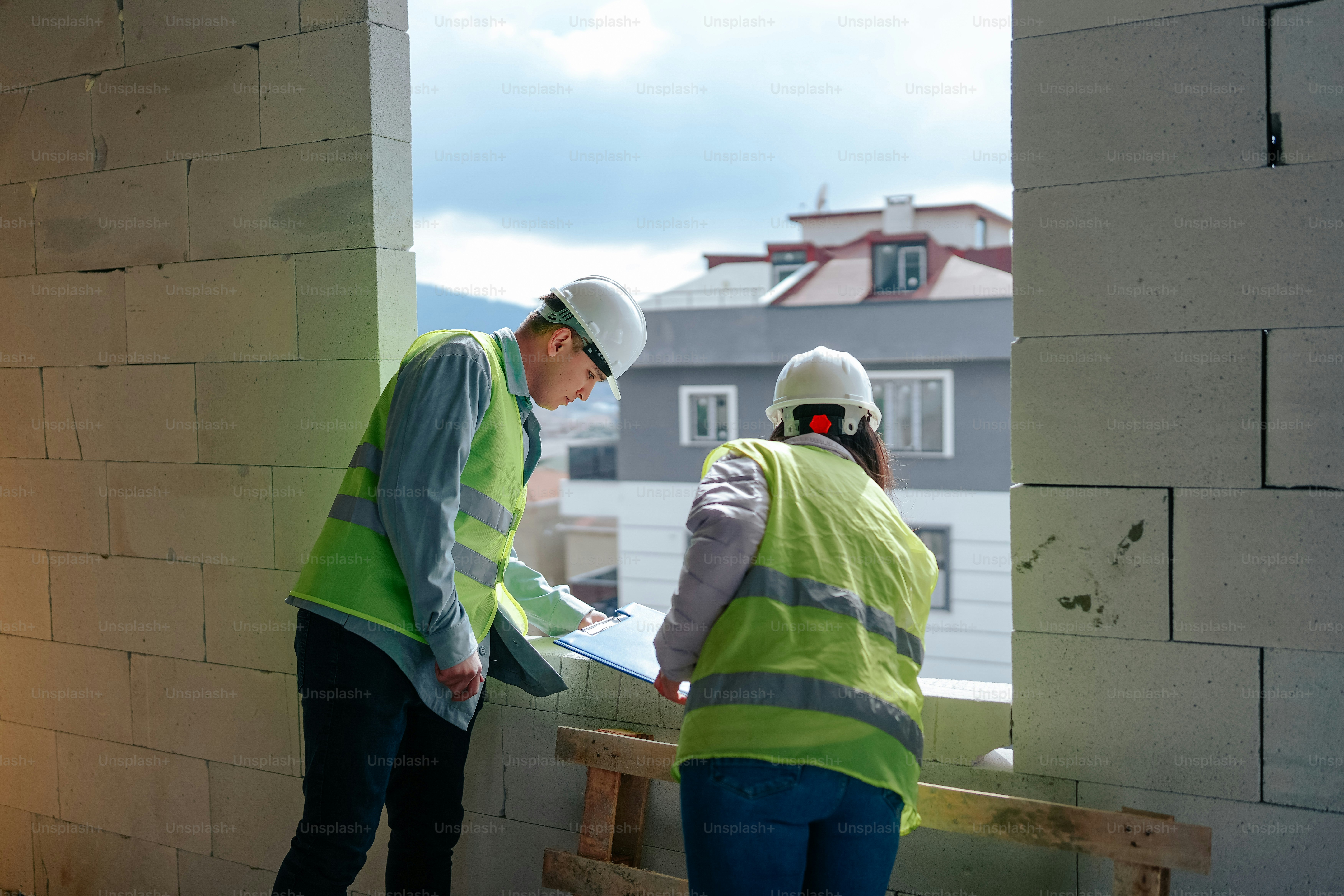 建物の上に立つ安全ベストを着た2人の男性