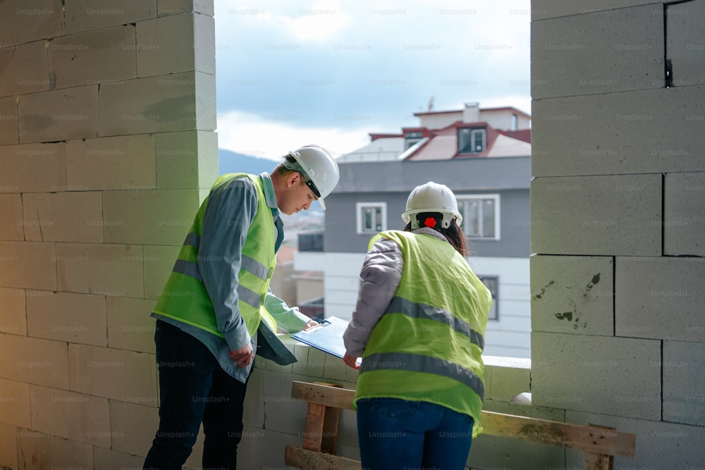 two men in safety vests standing on a building