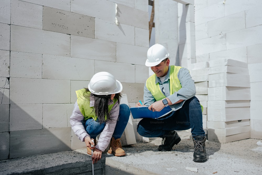 a man and a woman in hard hats sitting on the ground