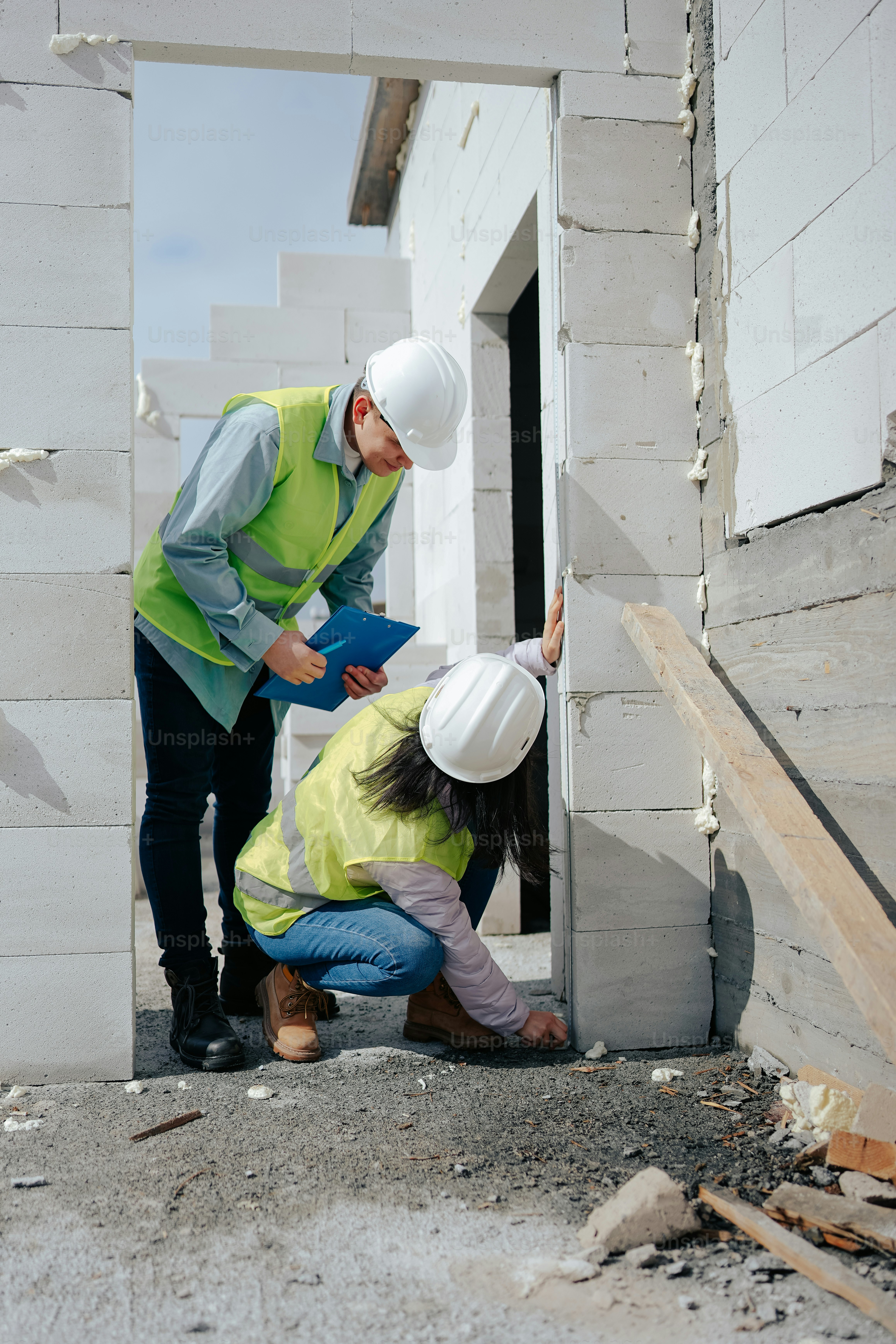two construction workers are working on a building